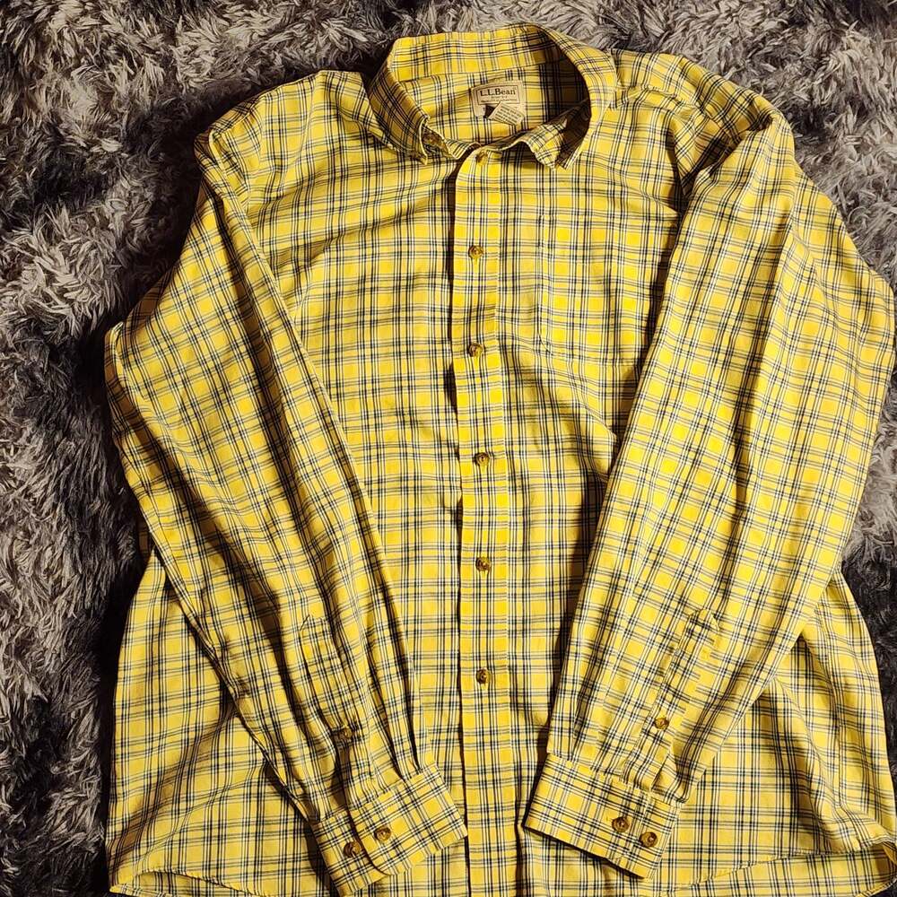 L.L. Bean Button Up Shirt Mens Large Yellow Check Traditional Fit